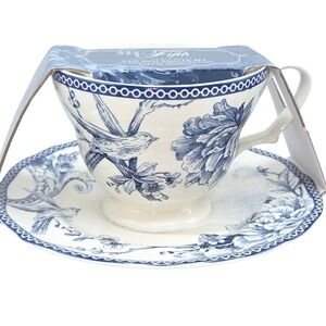 222 FIFTH Adelaide Blue Toile Floral Birds Coffee Tea Cup & Saucer Set